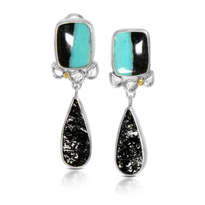 Opalized wood Earrings with natural surface Black Tourmaline