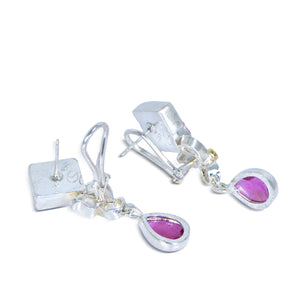 Pink Ruby & Druzy Silver Drop Earrings