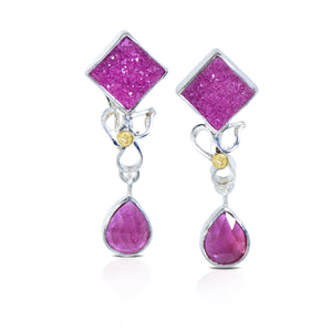 Pink Ruby & Druzy Silver Drop Earrings