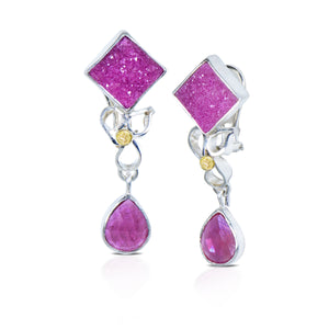 Pink Ruby & Druzy Silver Drop Earrings