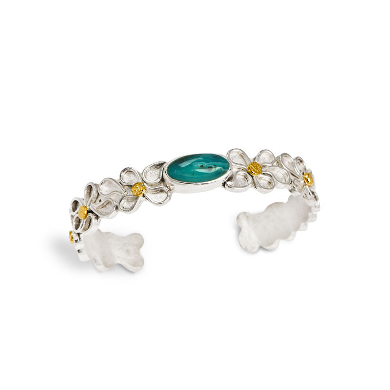 Argentium silver Fused Waterfall droplets surround a beautiful bangle bracelet with an Opalized Petrified Wood center stone. 18kt Gold textured water drops accent the droplets down the sides of the bracelet.  Bracelet is 1/2" wide and fits a small to medium wrist. | O'Hara Studios