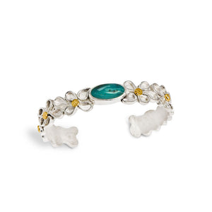 Argentium silver Fused Waterfall droplets surround a beautiful bangle bracelet with an Opalized Petrified Wood center stone. 18kt Gold textured water drops accent the droplets down the sides of the bracelet.  Bracelet is 1/2" wide and fits a small to medium wrist. | O'Hara Studios